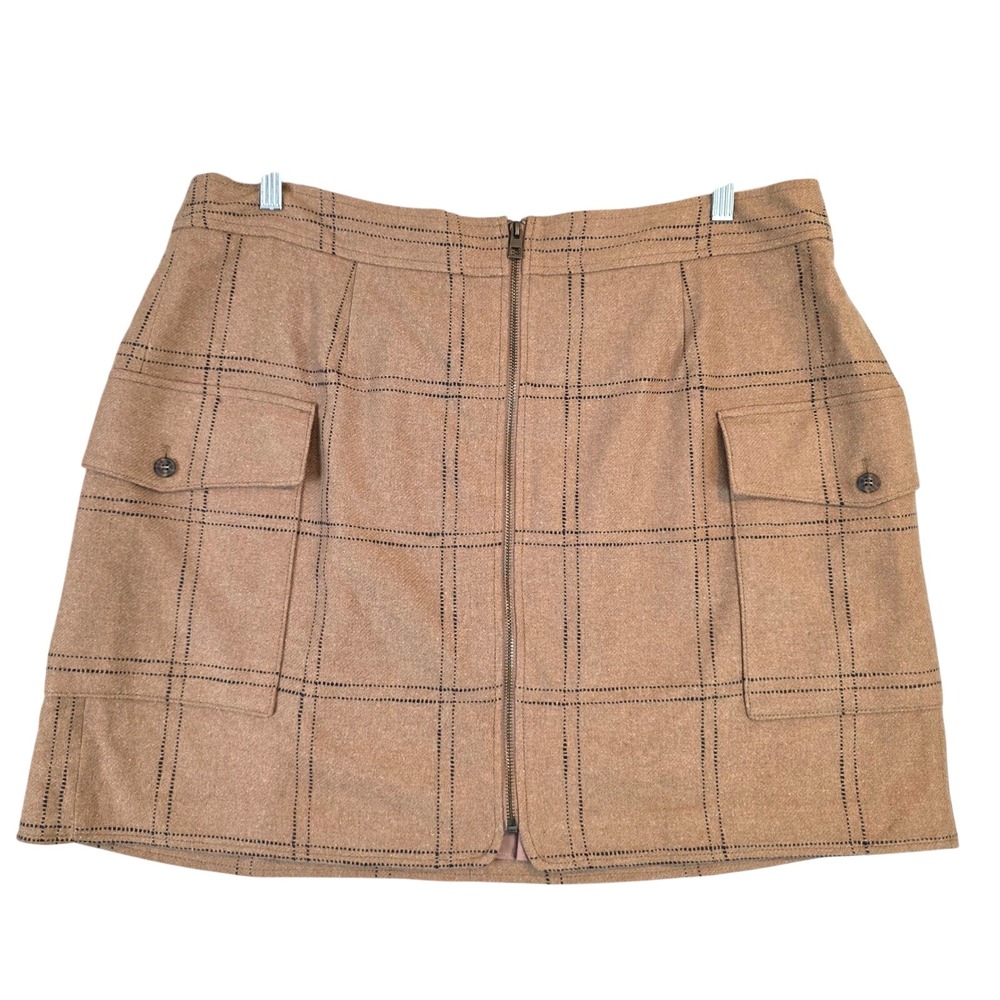 Madewell Wool Blend Plaid Zip Front Cargo Mini Skirt A-Line Windowpane Tan XL